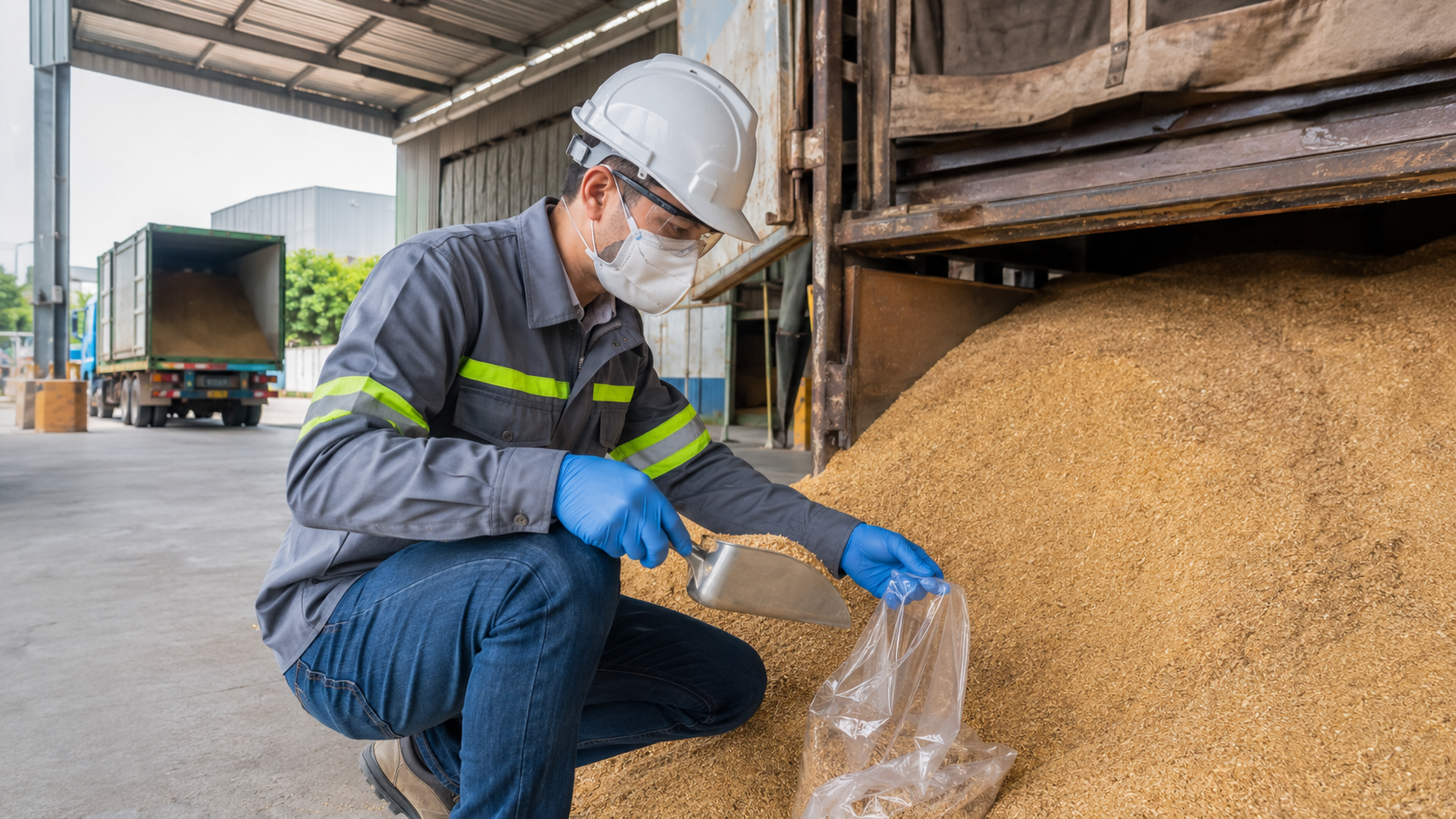 Quality control staff sampling incoming feed raw materials for inspection.png